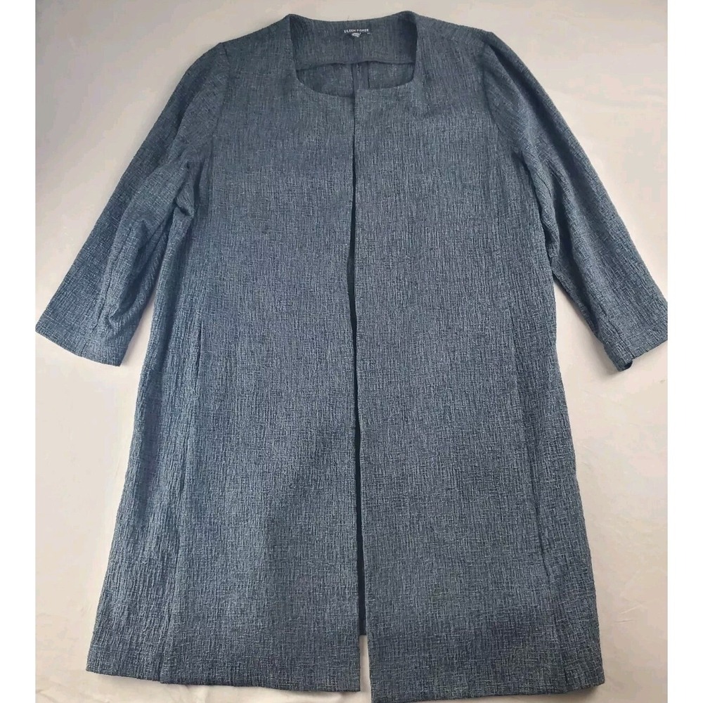EILEEN FISHER Cardigan Womens Charcoal Open Front Long Sweater Cotton Blend
